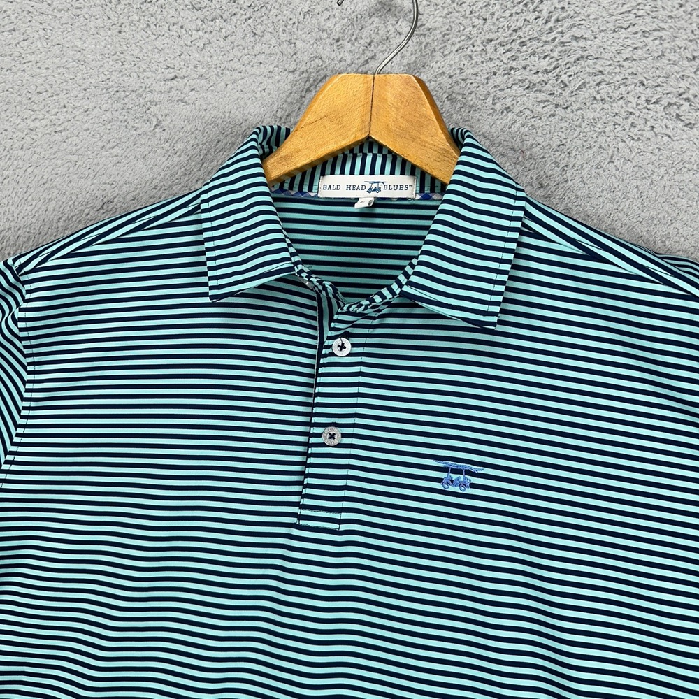 Bald Head Blues Mens Golf Polo Shirt Large Teal Striped Athletic Stretch Rugby